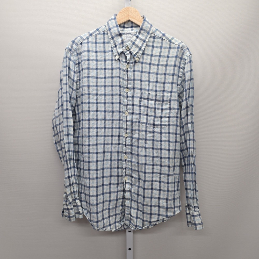 Brooks Brothers Regent Fit Irish Linen Plaid Button Down Shirt Blue Mens Large